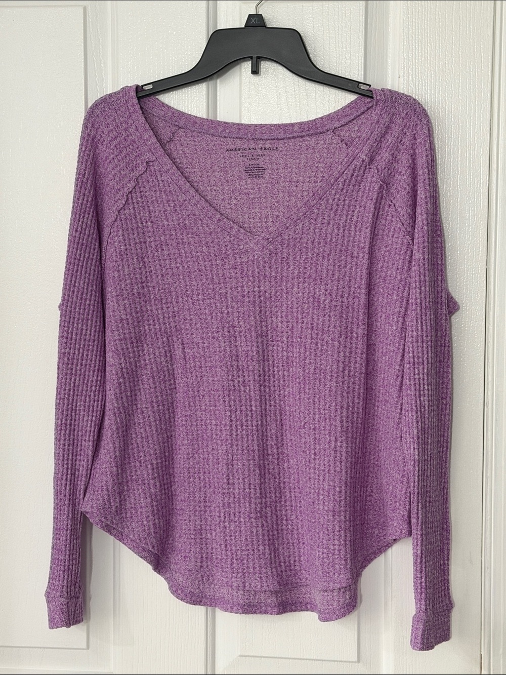 American Eagle Outfitters Purple Waffle-Knit V-Neck Long Sleeve Top